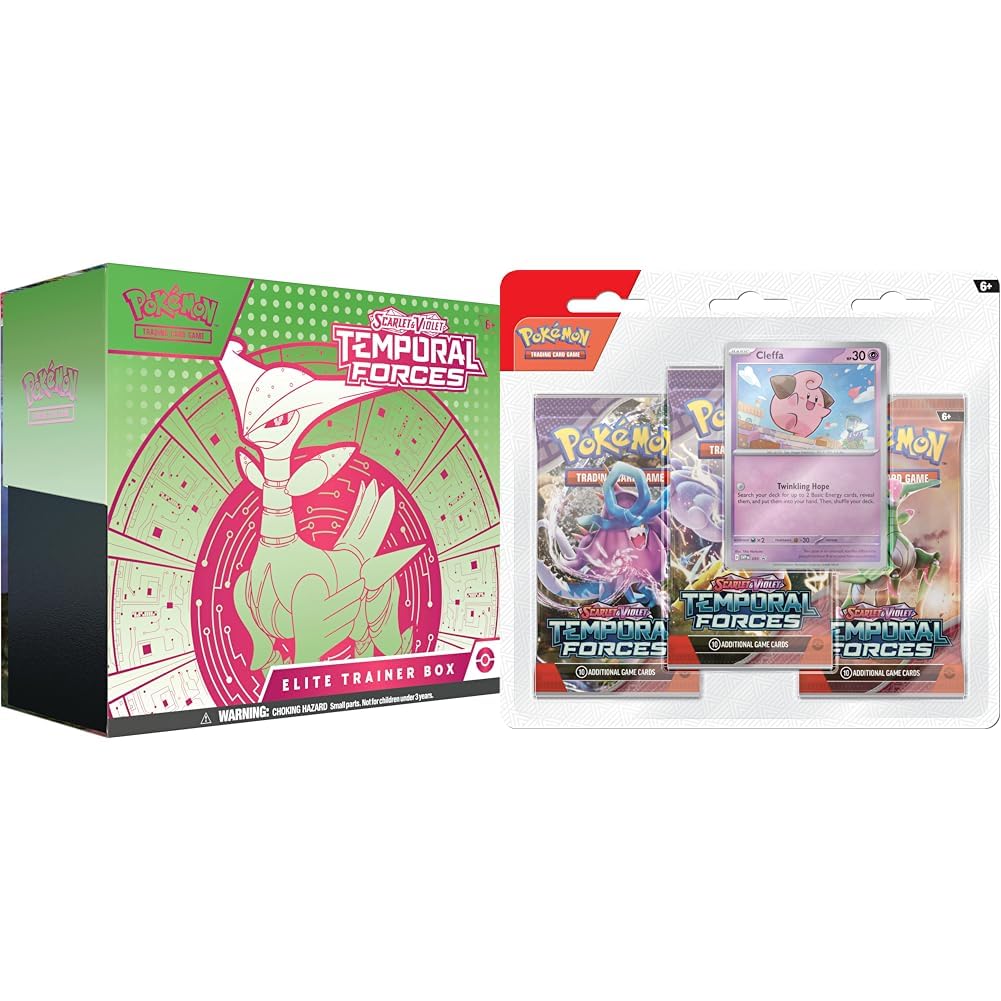 Pokemon TCG: Scarlet & Violet - Temporal Forces Elite Trainer Box - Iron Leaves & TCG: Scarlet & Violet - Temporal Forces Triple Pack - Cleffa (3 Booster Packs & 1 Foil Promo Card)