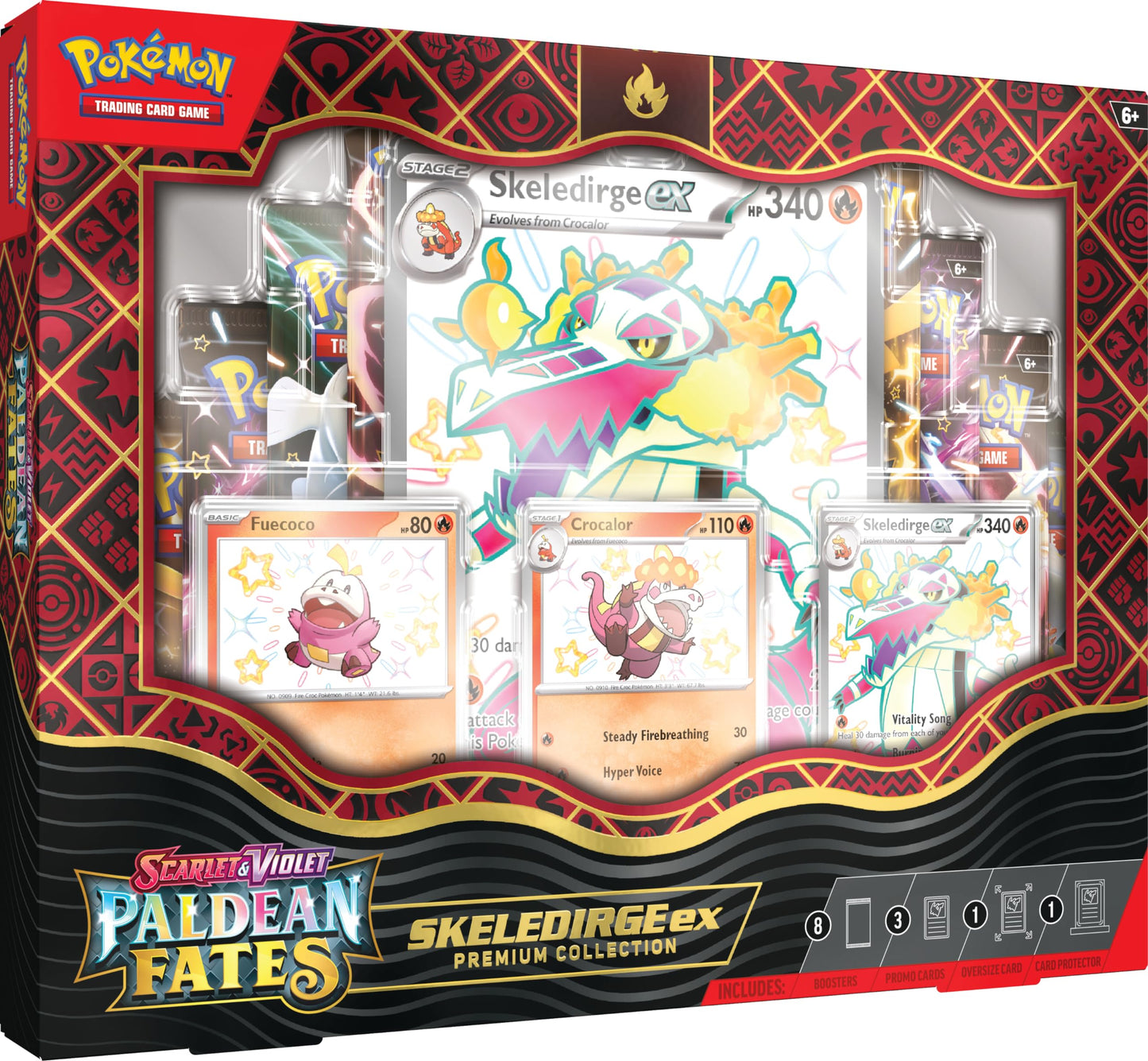 Pokemon TCG: Scarlet & Violet - Paldean Fates Premium Collection - Skeledirge ex (3 Etched Foil Promo Cards, 1 Oversized Card & 8 Boosters)
