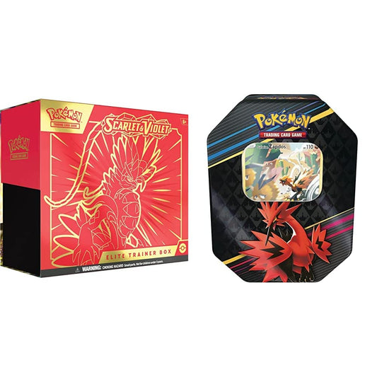 Pokemon TCG: Scarlet and Violet Elite Trainer Box - Koraidon (1 Full Art Promo Card, 9 Boosters and Premium Accessories) & TCG: Crown Zenith Tin  -  Galarian Zapdos (1 Foil Card & 4 Booster Packs)