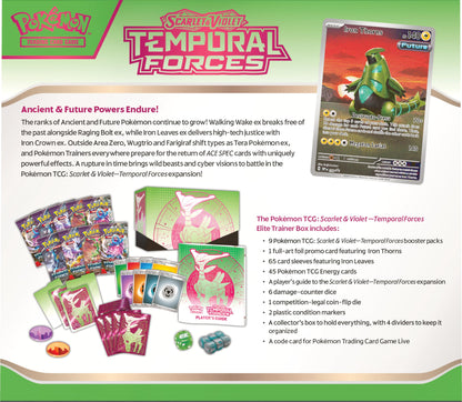 TCG: Scarlet & Violet - Temporal Forces Elite Trainer Box - Iron Leaves (1 Full-Art Iron Thorns Promo Card, 9 Boosters & Premium Accessories)