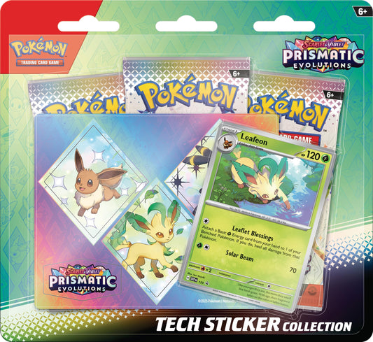 Pokémon TCG: Scarlet & Violet—Prismatic Evolutions Tech Sticker Collection – Leafeon (1 Foil Promo Card & 3 Booster Packs)