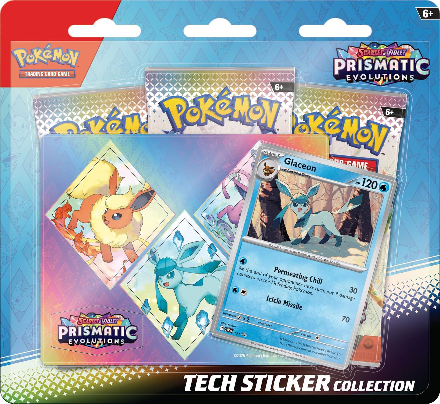 Pokémon TCG: Scarlet & Violet—Prismatic Evolutions Tech Sticker Collection – Glaceon (1 Foil Promo Card & 3 Booster Packs)