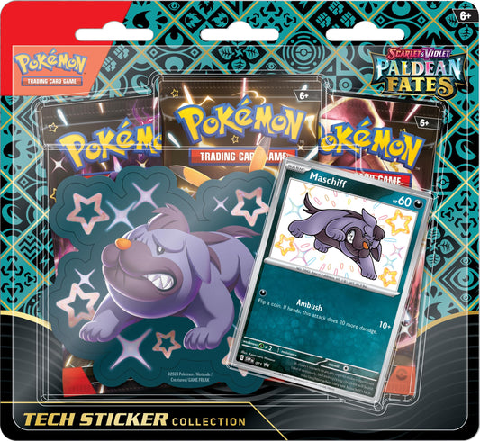 Pokémon TCG: Scarlet & Violet—Paldean Fates Tech Sticker Collection – Maschiff (1 Foil Promo Card & 3 Booster Packs)