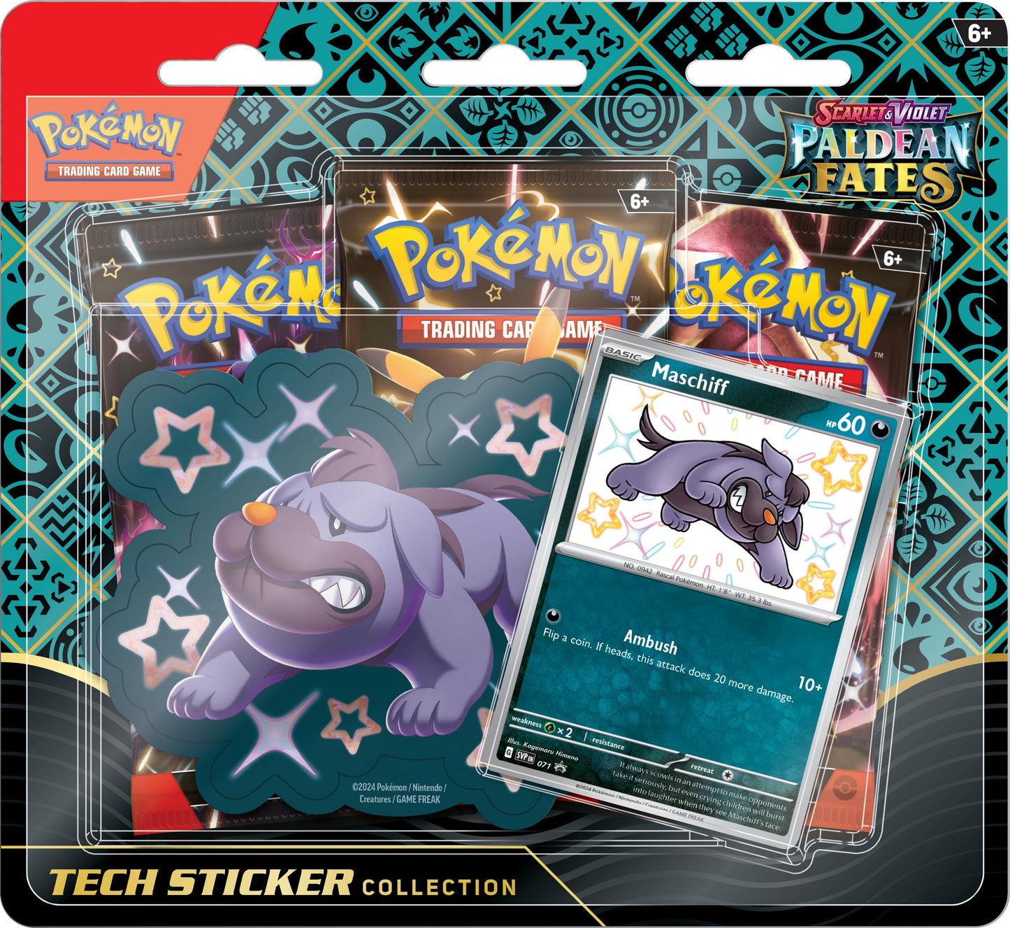 Pokemon TCG: Scarlet & Violet - Paldean Fates Tech Sticker Collection  -  Maschiff (1 Foil Promo Card & 3 Booster Packs)